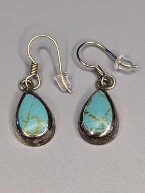 Taxco Mexico 925 Sterling Silver Turquoise Teardrop Dangle Earrings Vintage